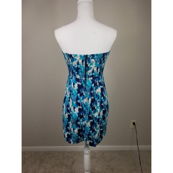 Free People Strapless Blue & Teal Abstract Print Mini Dress With Smocked Back - Picture 2 of 11